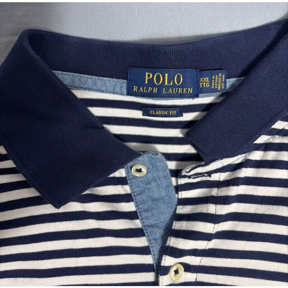 Ralph Lauren Polo Shirt Mens XXL Blue White Striped Pony Preppy 2XL Classic Fit - Picture 5 of 8